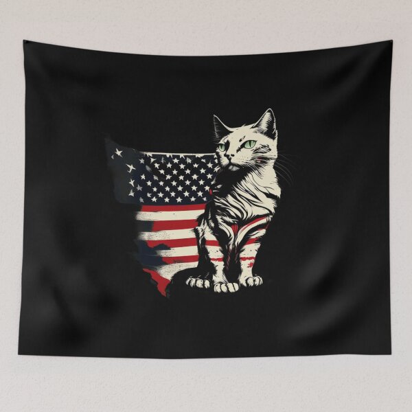 Item preview, Patriotic fluffy cat with black red white flag designed and sold by BlueGoldArt.