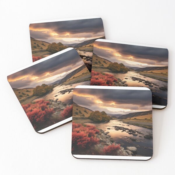 Item preview, Fields and hills of flowers with river at sunset - Landscape photography designed and sold by TheArtistOf2022.