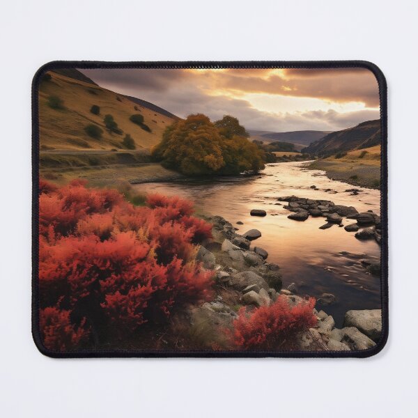 Item preview, Fields and hills of flowers with river at sunset - Landscape photography designed and sold by TheArtistOf2022.