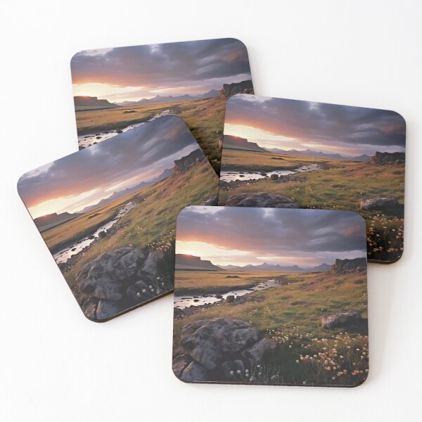 Item preview, Fields and hills of flowers with river at sunset - Landscape photography designed and sold by TheArtistOf2022.