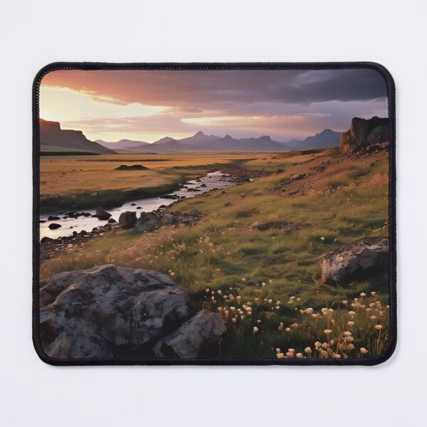 Item preview, Fields and hills of flowers with river at sunset - Landscape photography designed and sold by TheArtistOf2022.