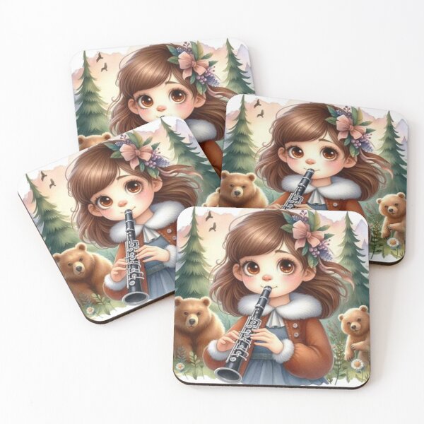 Item preview, Girl in coat playing clarinet in woods with brown bears designed and sold by ElegantTeaTime.