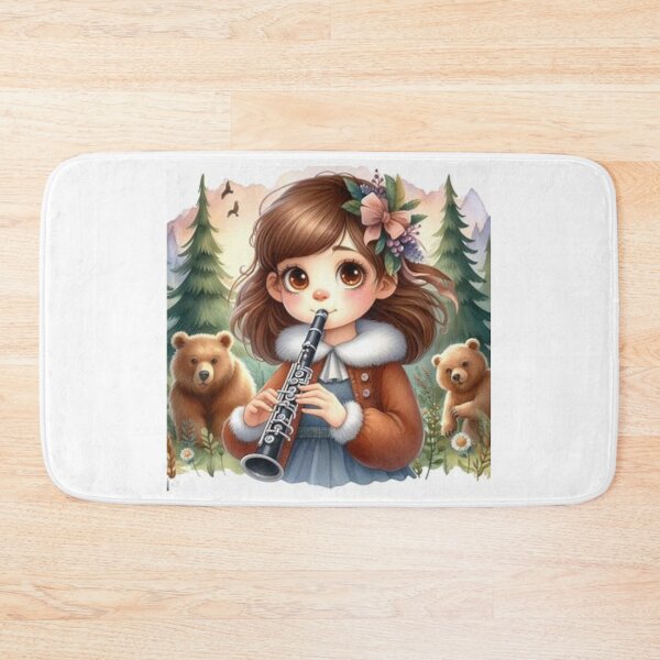 Item preview, Girl in coat playing clarinet in woods with brown bears designed and sold by ElegantTeaTime.