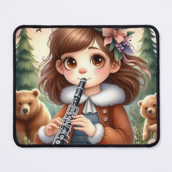 Item preview, Girl in coat playing clarinet in woods with brown bears designed and sold by ElegantTeaTime.