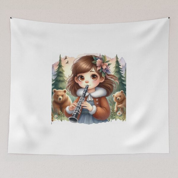 Item preview, Girl in coat playing clarinet in woods with brown bears designed and sold by ElegantTeaTime.