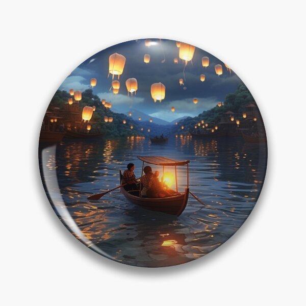 Item preview, Lanterns in and above lake with boats designed and sold by zand-n-zive.