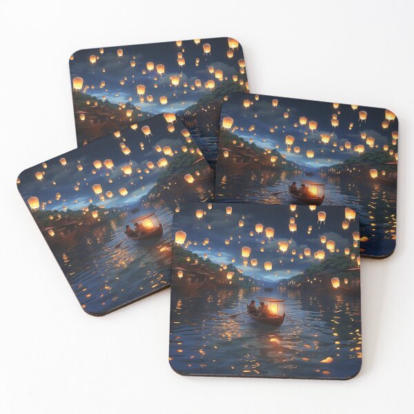Item preview, Lanterns in and above lake with boats designed and sold by zand-n-zive.