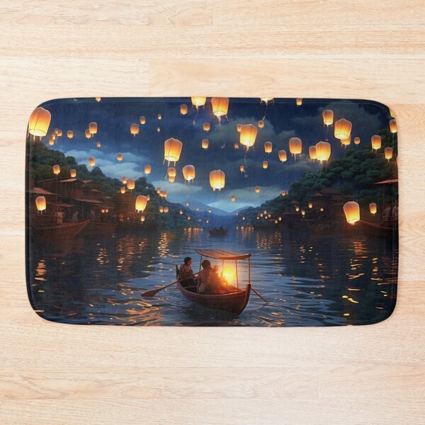 Item preview, Lanterns in and above lake with boats designed and sold by zand-n-zive.