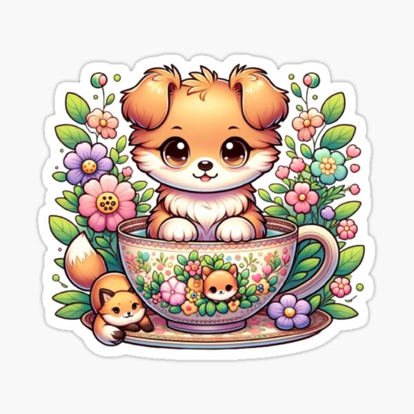 Kawaii Puppy in a Tea Cup Sticker by lAnJefurtifeu Redbubble