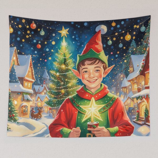 Item preview, Christmas Elf in the Christmas Village - Christmas Tree and Christmas Houses in the Winter Surrounded by Glowing Luminescent Sprinkles Particles designed and sold by MyArt23.