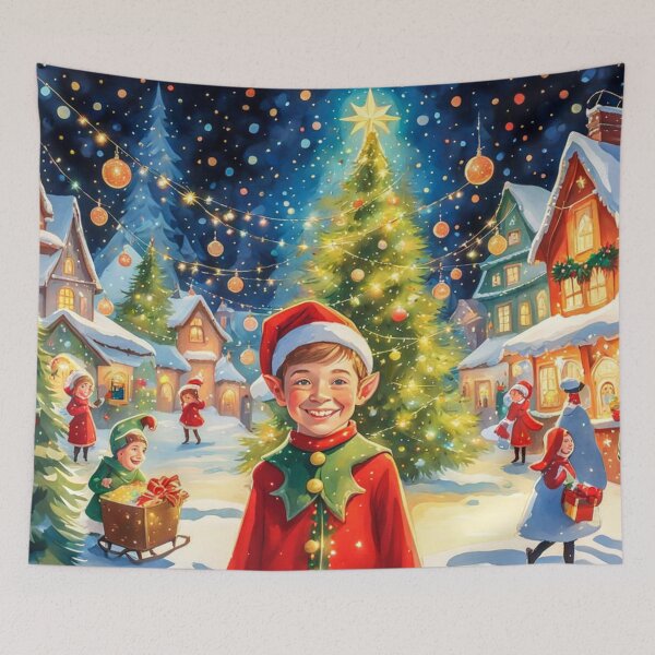 Item preview, Christmas Elf in the Christmas Village - Christmas Tree and Christmas Houses in the Winter Surrounded by Glowing Luminescent Sprinkles Particles designed and sold by MyArt23.