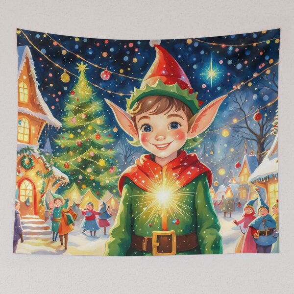 Item preview, Christmas Elf in the Christmas Village - Christmas Tree and Christmas Houses in the Winter Surrounded by Glowing Luminescent Sprinkles Particles designed and sold by MyArt23.