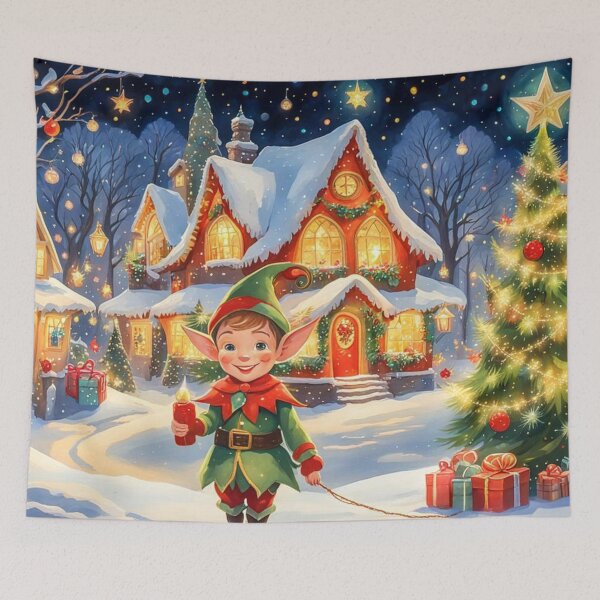 Item preview, Christmas Elf in the Christmas Village - Christmas Tree and Christmas Houses in the Winter Surrounded by Glowing Luminescent Sprinkles Particles designed and sold by MyArt23.