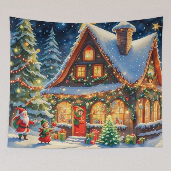Item preview, Christmas Elf in the Christmas Village - Christmas Tree and Christmas Houses in the Winter Surrounded by Glowing Luminescent Sprinkles Particles designed and sold by MyArt23.