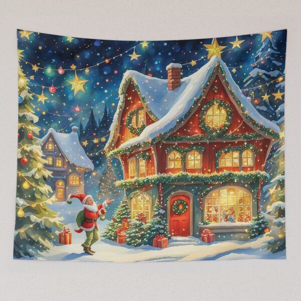 Item preview, Christmas Elf in the Christmas Village - Christmas Tree and Christmas Houses in the Winter Surrounded by Glowing Luminescent Sprinkles Particles designed and sold by MyArt23.