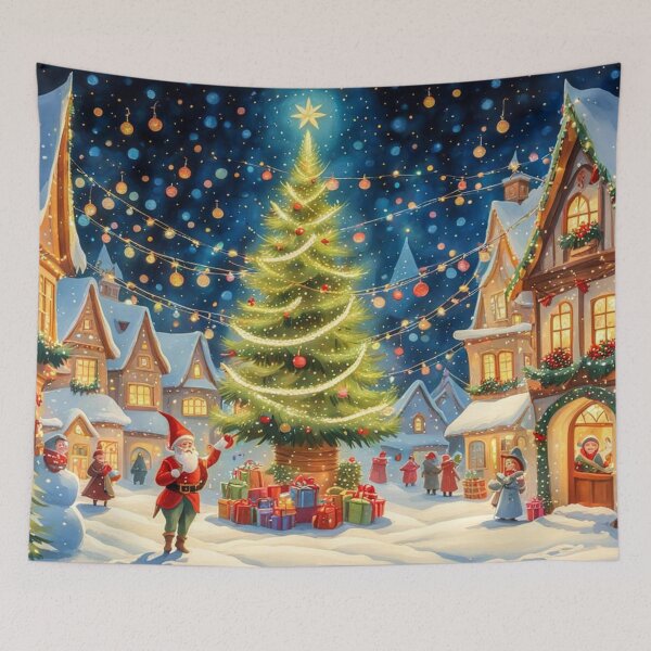 Item preview, Christmas Elf in the Christmas Village - Christmas Tree and Christmas Houses in the Winter Surrounded by Glowing Luminescent Sprinkles Particles designed and sold by MyArt23.