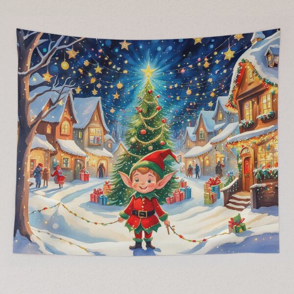 Item preview, Christmas Elf in the Christmas Village - Christmas Tree and Christmas Houses in the Winter Surrounded by Glowing Luminescent Sprinkles Particles and Stars designed and sold by MyArt23.
