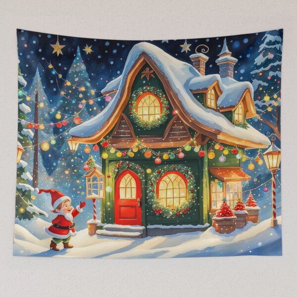 Item preview, Christmas Elf in the Christmas Village - Christmas Tree and Christmas Houses in the Winter Surrounded by Glowing Luminescent Sprinkles Particles and Stars designed and sold by MyArt23.