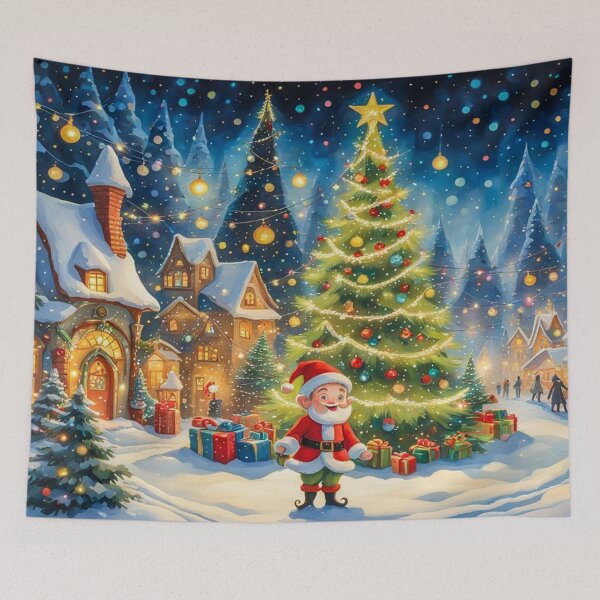 Item preview, Christmas Elf in the Christmas Village - Christmas Tree and Christmas Houses in the Winter Surrounded by Glowing Luminescent Sprinkles Particles and Stars designed and sold by MyArt23.