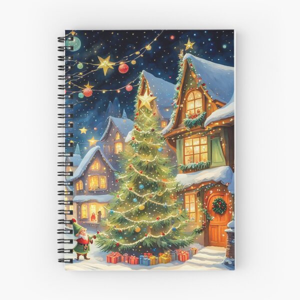 Item preview, Christmas Elf in the Christmas Village - Christmas Tree and Christmas Houses in the Winter Surrounded by Glowing Luminescent Sprinkles Particles and Stars designed and sold by MyArt23.