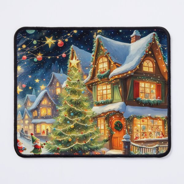 Item preview, Christmas Elf in the Christmas Village - Christmas Tree and Christmas Houses in the Winter Surrounded by Glowing Luminescent Sprinkles Particles and Stars designed and sold by MyArt23.