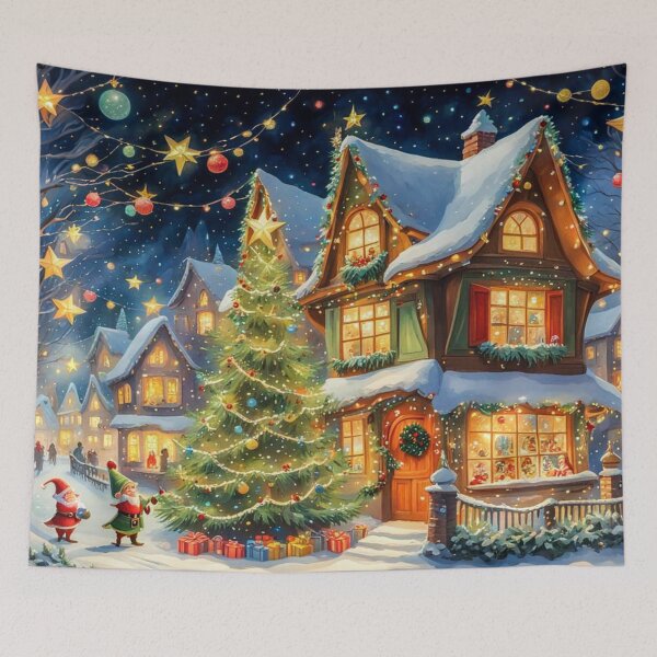 Item preview, Christmas Elf in the Christmas Village - Christmas Tree and Christmas Houses in the Winter Surrounded by Glowing Luminescent Sprinkles Particles and Stars designed and sold by MyArt23.