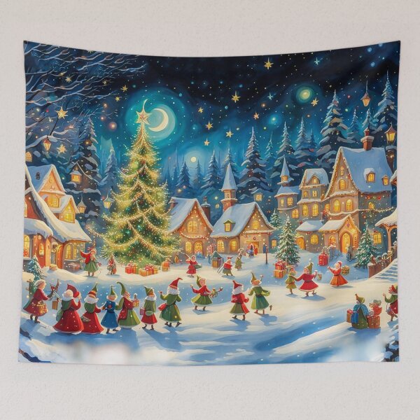 Item preview, Christmas Elves in the Christmas Village - Christmas Tree and Christmas Houses in the Winter Surrounded by Glowing Luminescent Sprinkles Particles and Stars designed and sold by MyArt23.
