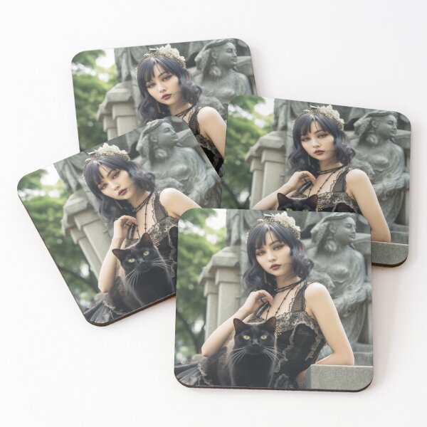 Item preview, Goth Chick posing in a cemetery with her green-eyed black cat designed and sold by daywithoutlight.