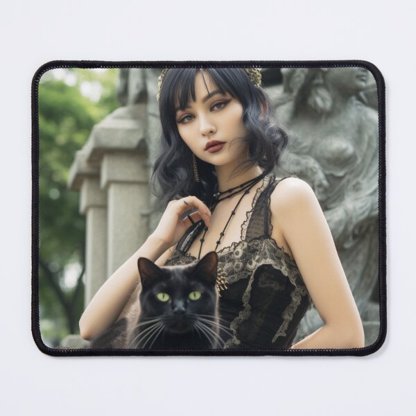 Item preview, Goth Chick posing in a cemetery with her green-eyed black cat designed and sold by daywithoutlight.