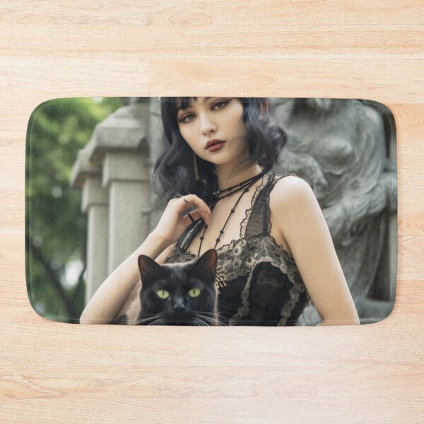 Item preview, Goth Chick posing in a cemetery with her green-eyed black cat designed and sold by daywithoutlight.