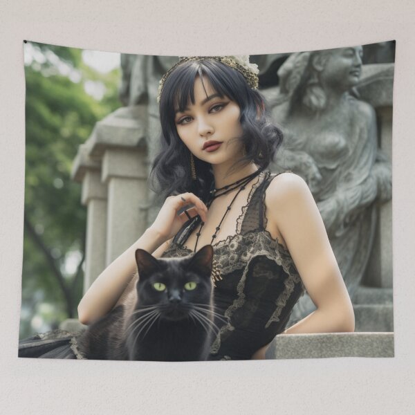 Item preview, Goth Chick posing in a cemetery with her green-eyed black cat designed and sold by daywithoutlight.