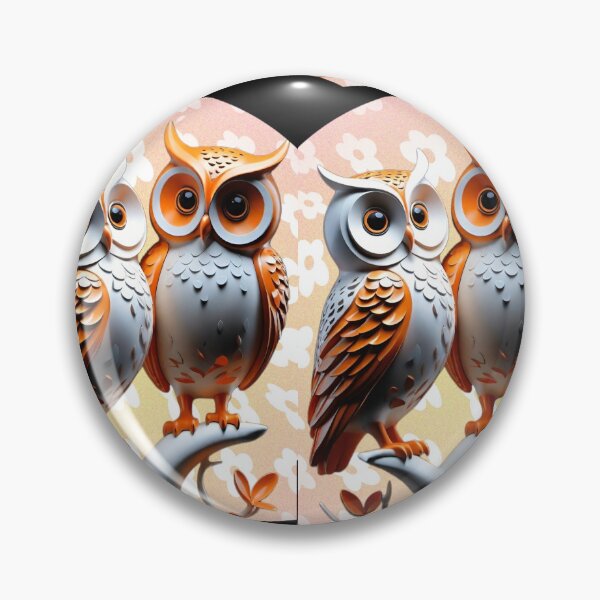 Item preview, two cute totem owls in fantasy vignette, in orange and white, protection against fears designed and sold by Creativesphotos.