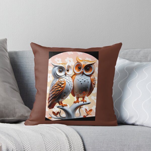 Item preview, two cute totem owls in fantasy vignette, in orange and white, protection against fears designed and sold by Creativesphotos.