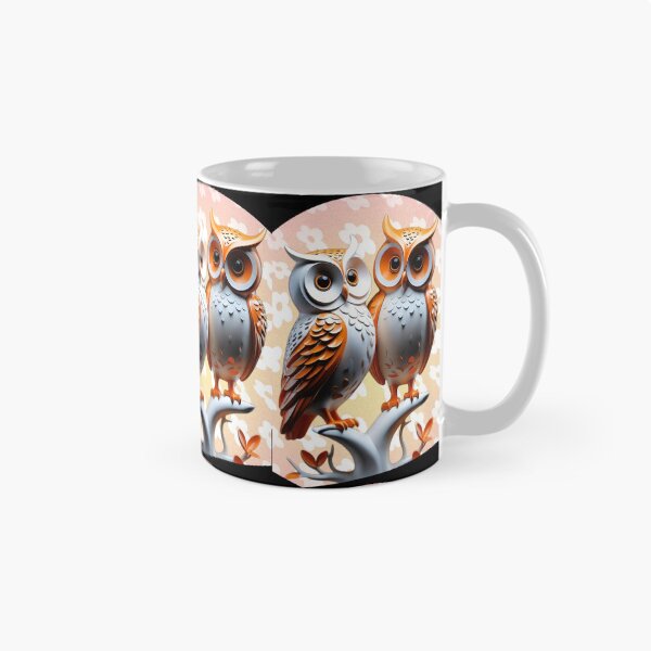 Item preview, two cute totem owls in fantasy vignette, in orange and white, protection against fears designed and sold by Creativesphotos.