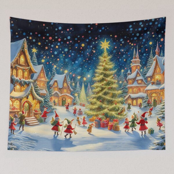 Item preview, Jolly Elves in the Christmas Village - Christmas Tree and Christmas Houses in the Winter Surrounded by Glowing Luminescent Sprinkles Particles and Stars designed and sold by MyArt23.