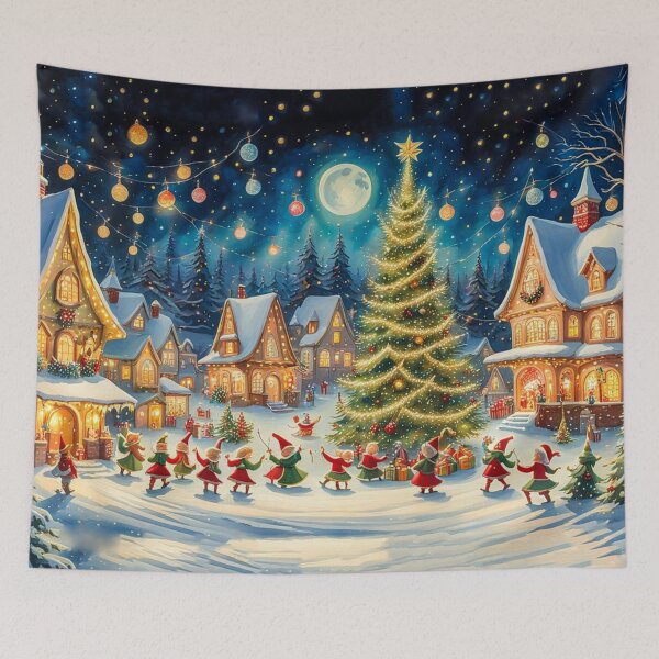 Item preview, Jolly Elves in the Christmas Village - Christmas Tree and Christmas Houses in the Winter Surrounded by Glowing Luminescent Sprinkles Particles and Stars designed and sold by MyArt23.
