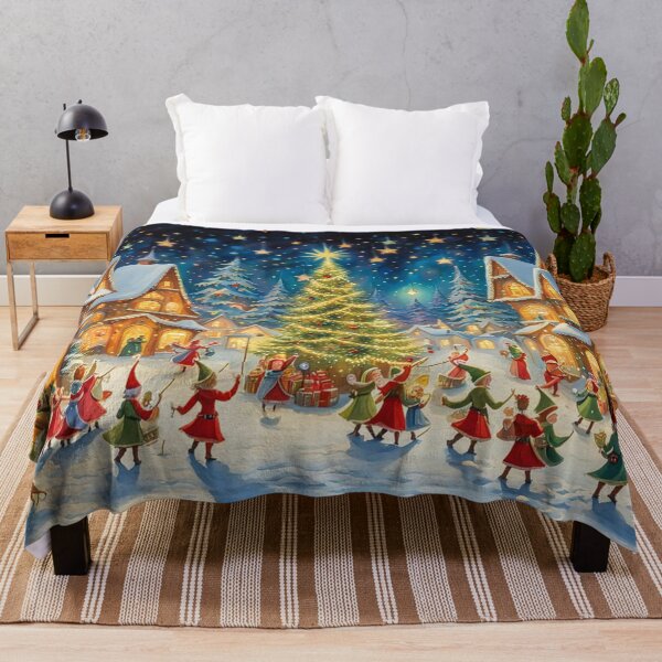 Item preview, Jolly Elves in the Christmas Village - Christmas Tree and Christmas Houses in the Winter Surrounded by Glowing Luminescent Sprinkles Particles and Stars designed and sold by MyArt23.