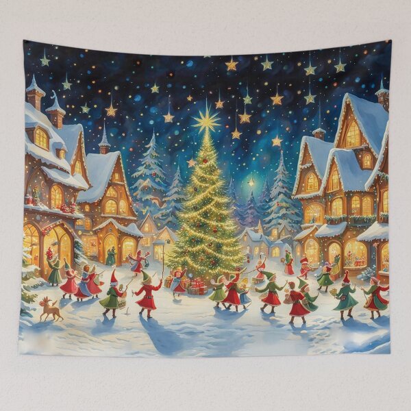 Item preview, Jolly Elves in the Christmas Village - Christmas Tree and Christmas Houses in the Winter Surrounded by Glowing Luminescent Sprinkles Particles and Stars designed and sold by MyArt23.