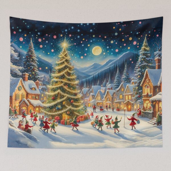 Item preview, Jolly Elves in the Christmas Village - Christmas Tree and Christmas Houses in the Winter Surrounded by Glowing Luminescent Sprinkles Particles and Stars designed and sold by MyArt23.