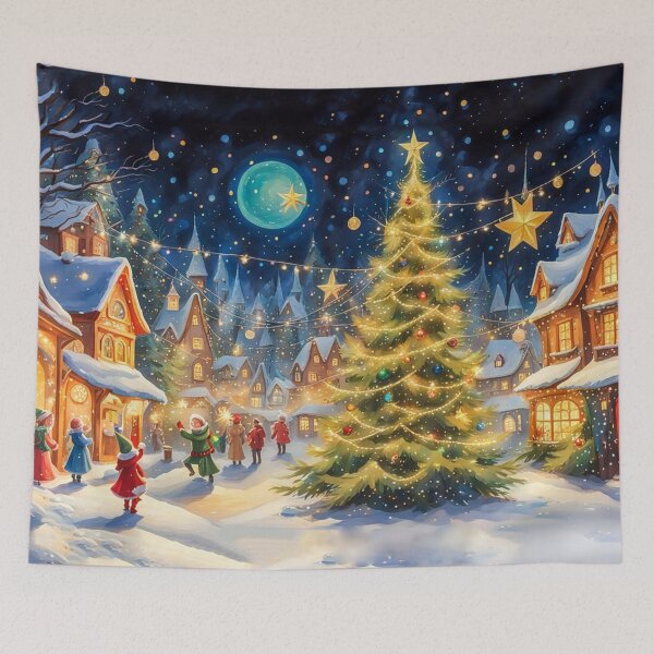 Item preview, Jolly Elves in the Christmas Village - Christmas Tree and Christmas Houses in the Winter Surrounded by Glowing Luminescent Sprinkles Particles and Stars designed and sold by MyArt23.