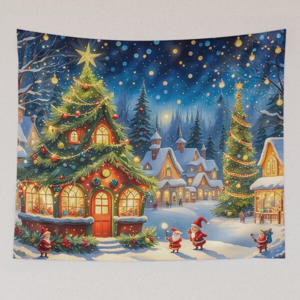 Item preview, Jolly Elves in the Christmas Village - Christmas Tree and Christmas Houses in the Winter Surrounded by Glowing Luminescent Sprinkles Particles and Stars designed and sold by MyArt23.