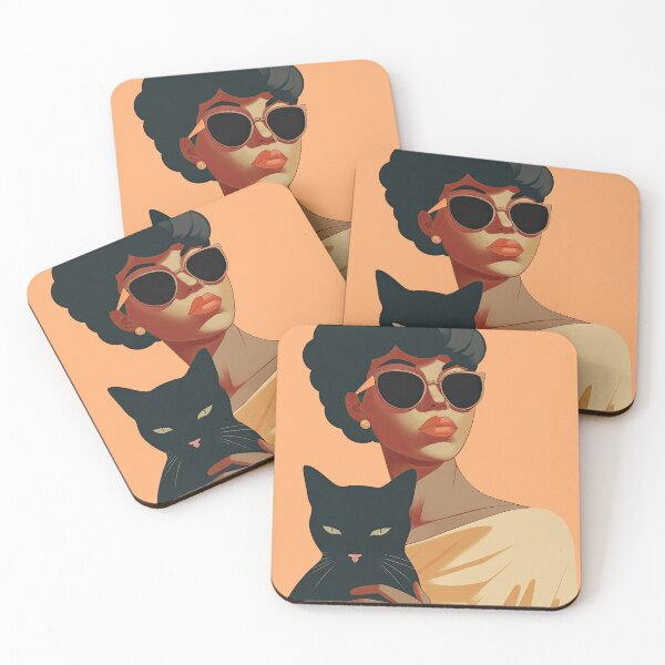 Item preview, A Minimalistic Portrait of an African American woman in black Sunglasses that holds a Black cat against a neutral peach beige background designed and sold by MeowcuryRising.