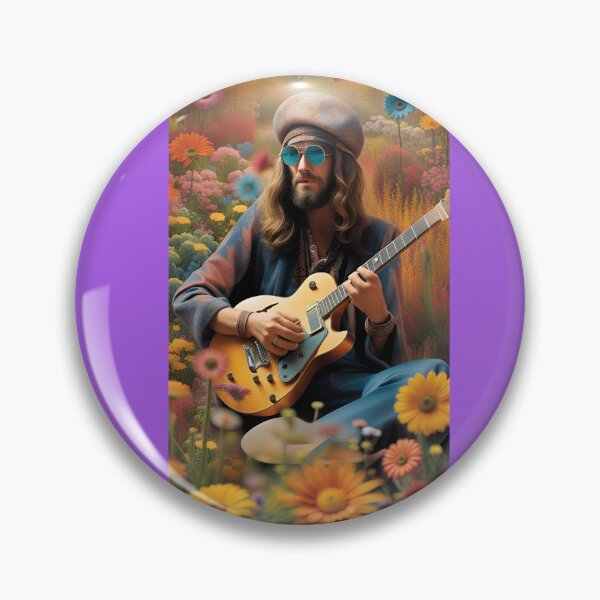 Item preview, Peace and love, hippie guitar player with sunglasses and beret in the middle of a field of flowers designed and sold by Creativesphotos.