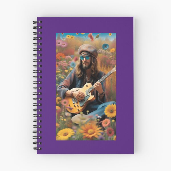 Item preview, Peace and love, hippie guitar player with sunglasses and beret in the middle of a field of flowers designed and sold by Creativesphotos.