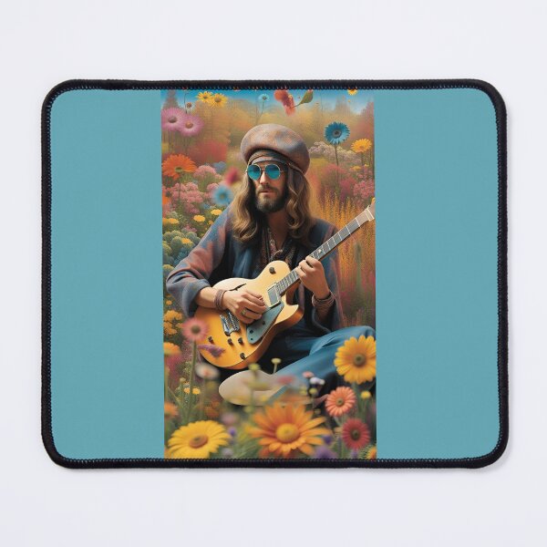 Item preview, Peace and love, hippie guitar player with sunglasses and beret in the middle of a field of flowers designed and sold by Creativesphotos.