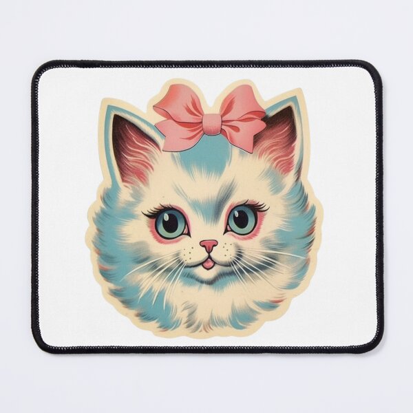 Item preview, Midcentury Kitsch White Cat with Pink Bow Illustration designed and sold by KitschNCountry.