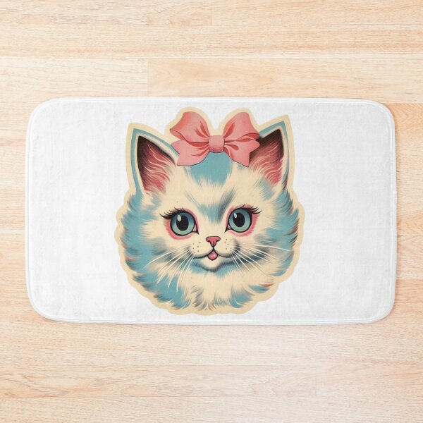 Item preview, Midcentury Kitsch White Cat with Pink Bow Illustration designed and sold by KitschNCountry.