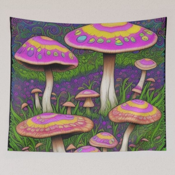 Artikelvorschau, Vintage rosa gelbe psychedelische Feldpilze entworfen und verkauft von TheDarkWardrobe.