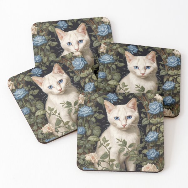Item preview, white cat in blue roses with blue eyes cat art designed and sold by WallyPink.