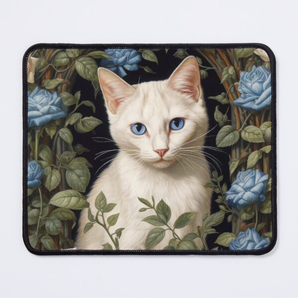 Item preview, white cat in blue roses with blue eyes cat art designed and sold by WallyPink.